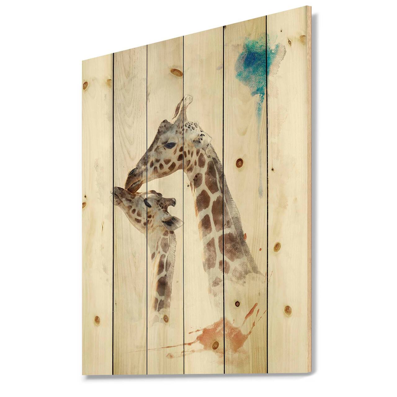 Designart - Portrait of A Giraffe and Child - Farmhouse Print on Natural Pine Wood